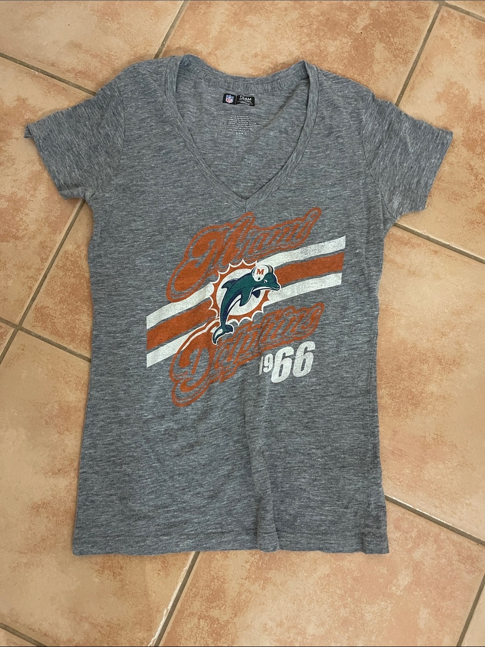 NFL Miami Dolphins Heather Gray V-Neck Tee with Orange & Teal Logo